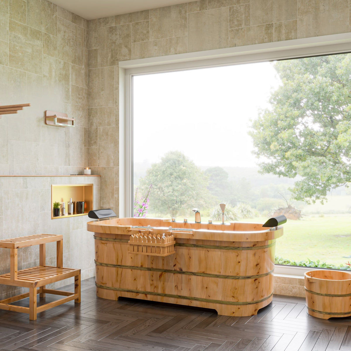 ALFI 65-Inch Cedar Wooden Freestanding Bathtub with Fixtures & Headrests - 2 Person AB1130
