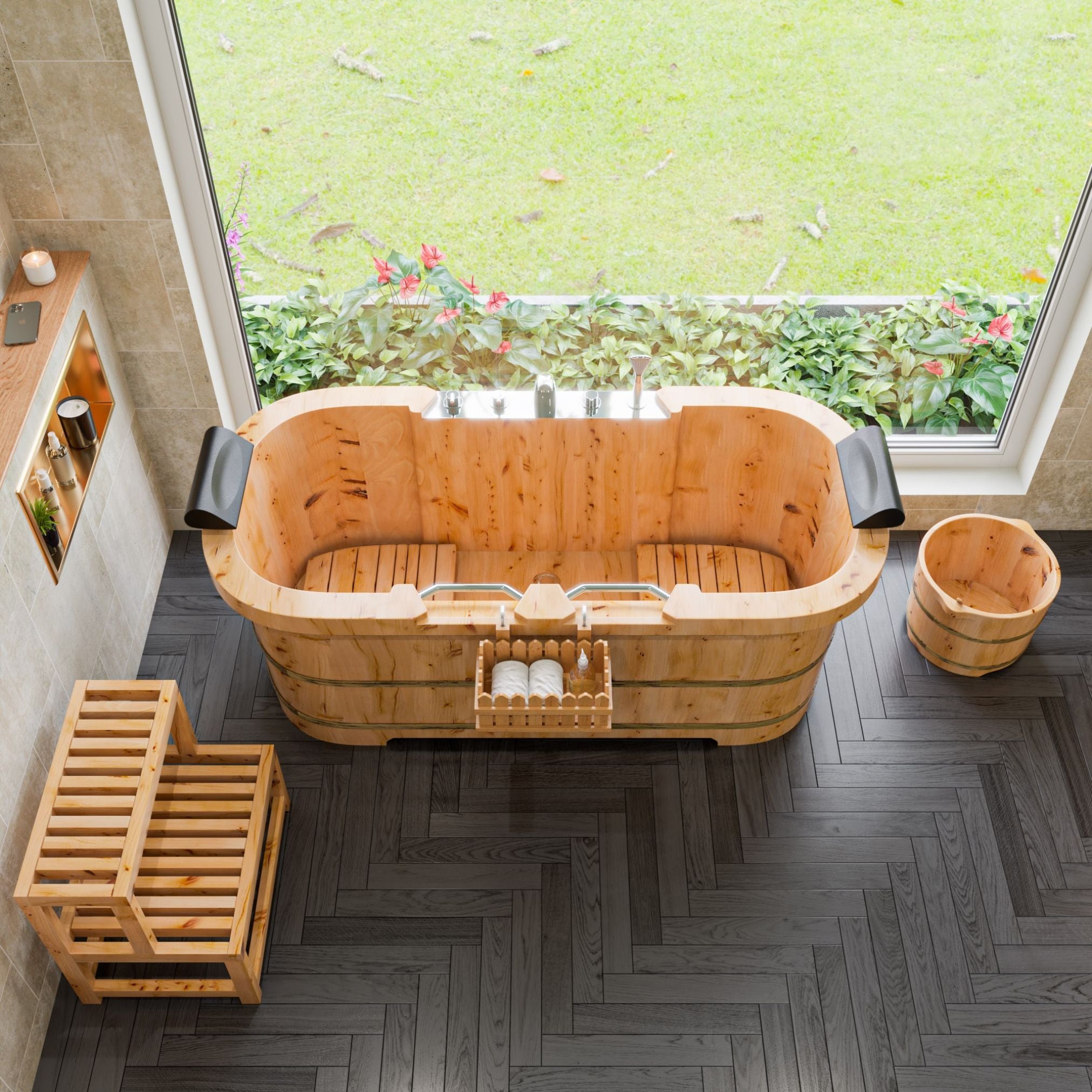 ALFI 65-Inch Cedar Wooden Freestanding Bathtub with Fixtures