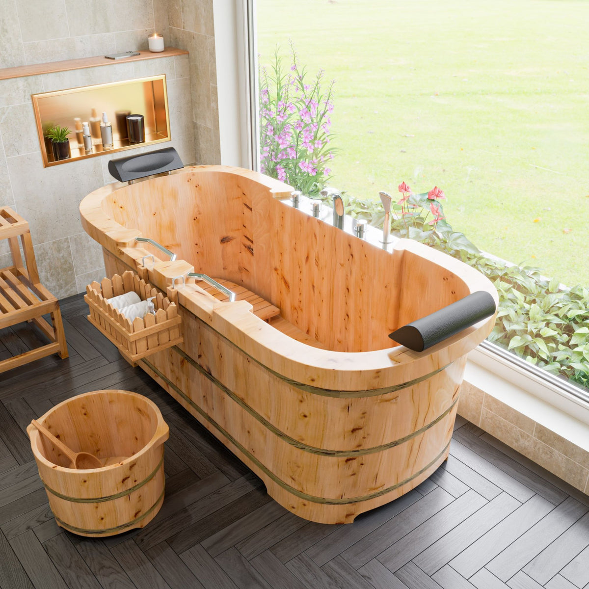 ALFI 65-Inch Cedar Wooden Freestanding Bathtub with Fixtures & Headrests - 2 Person AB1130