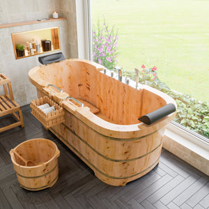 ALFI 65-Inch Cedar Wooden Freestanding Bathtub with Fixtures & Headrests - 2 Person AB1130