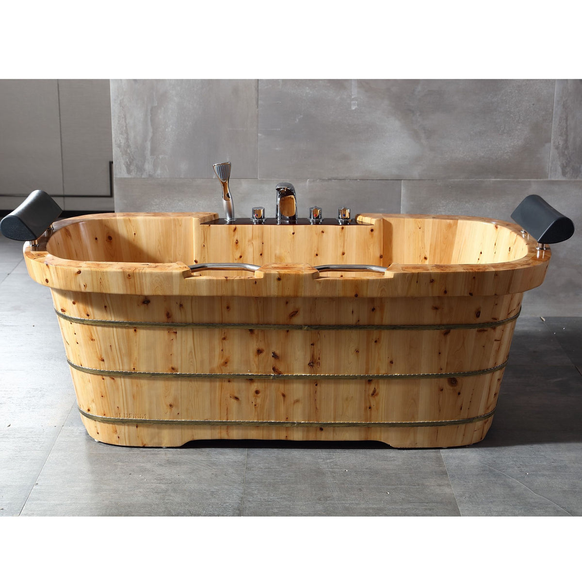 ALFI 65-Inch Cedar Wooden Freestanding Bathtub with Fixtures & Headrests - 2 Person AB1130