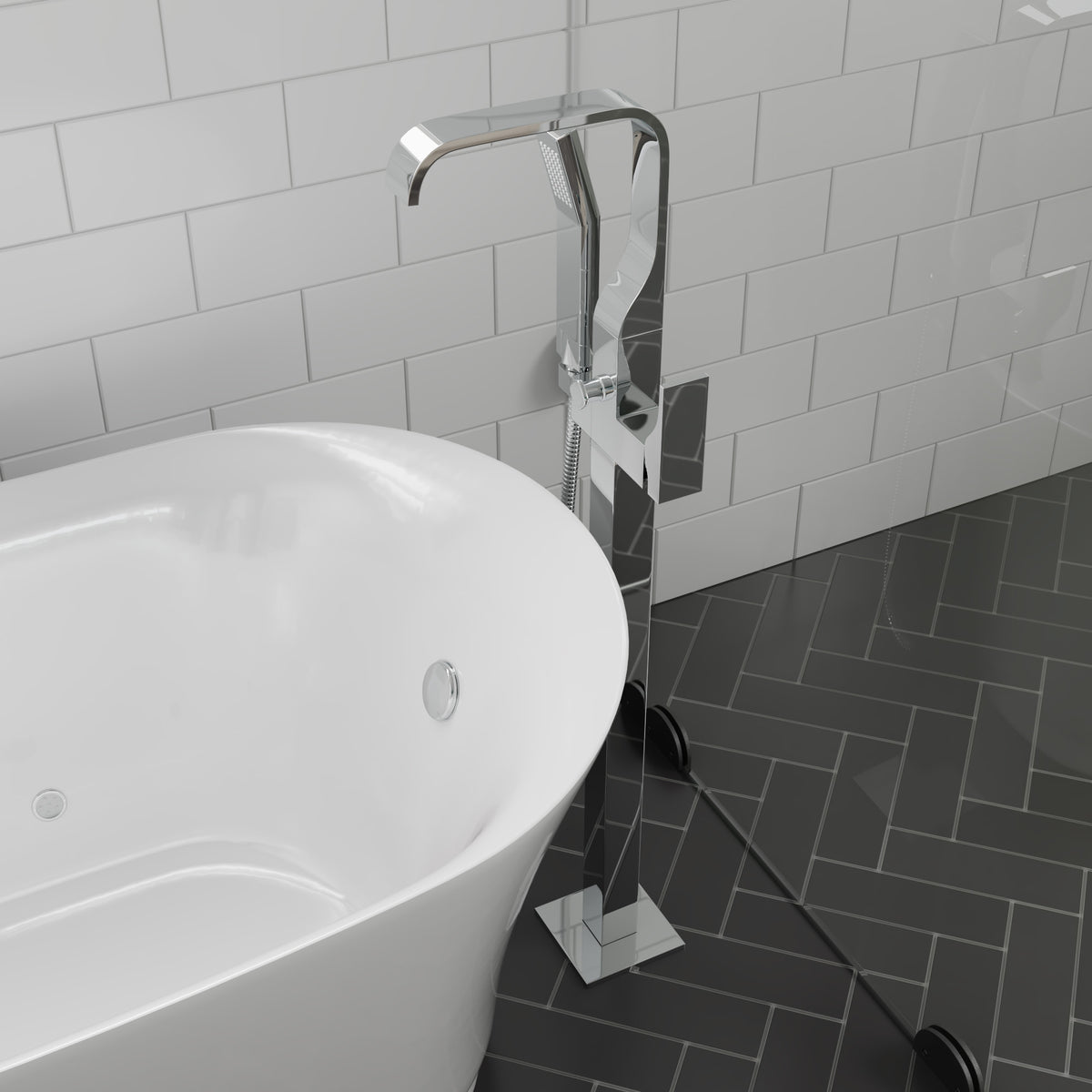 ALFI brands Curved Floor Mounted Tub Filler with Hand Held Shower Head AB2180