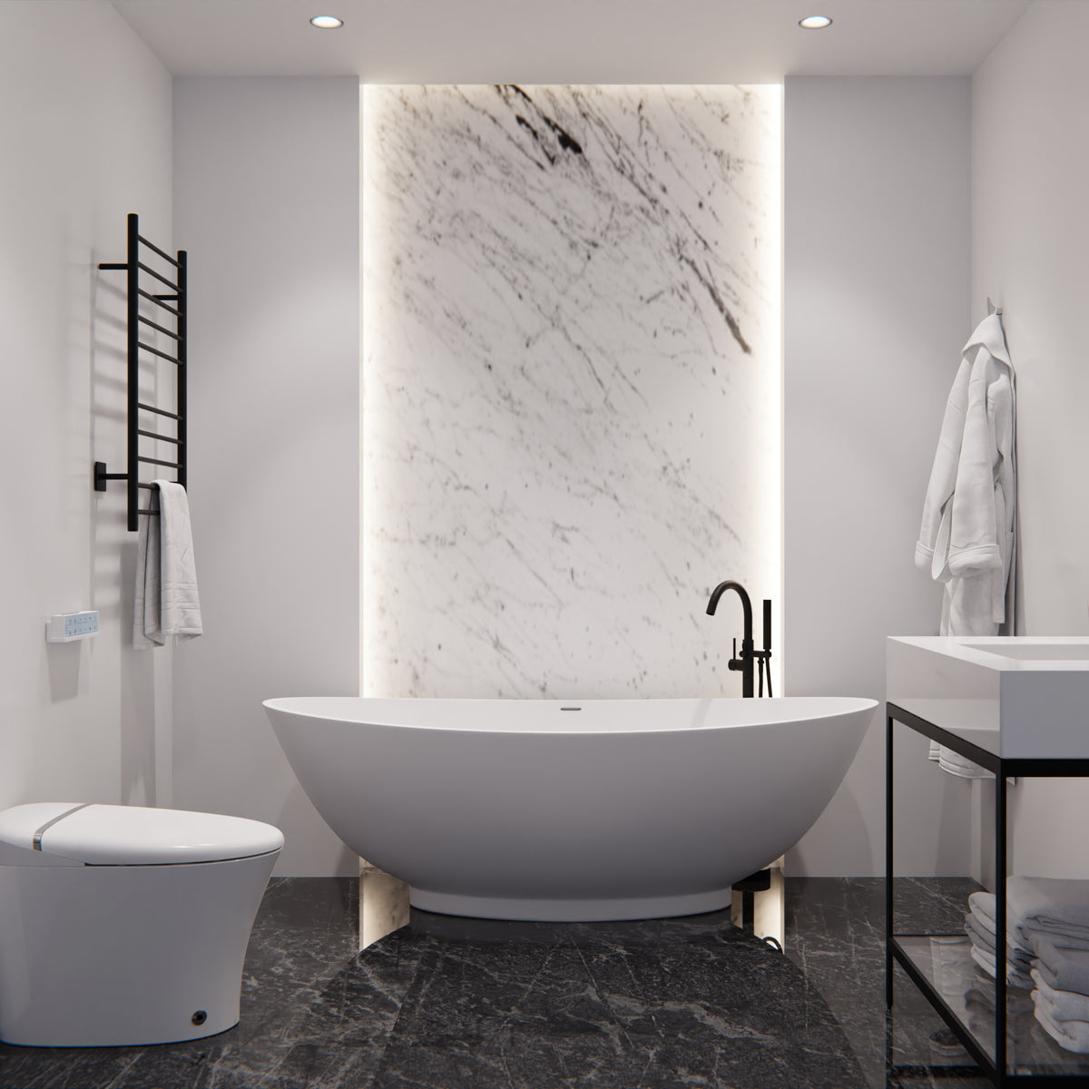 Anzzi Ala 6.2 ft. Solid Surface Center Drain Freestanding Bathtub in Matte White FT-AZ508