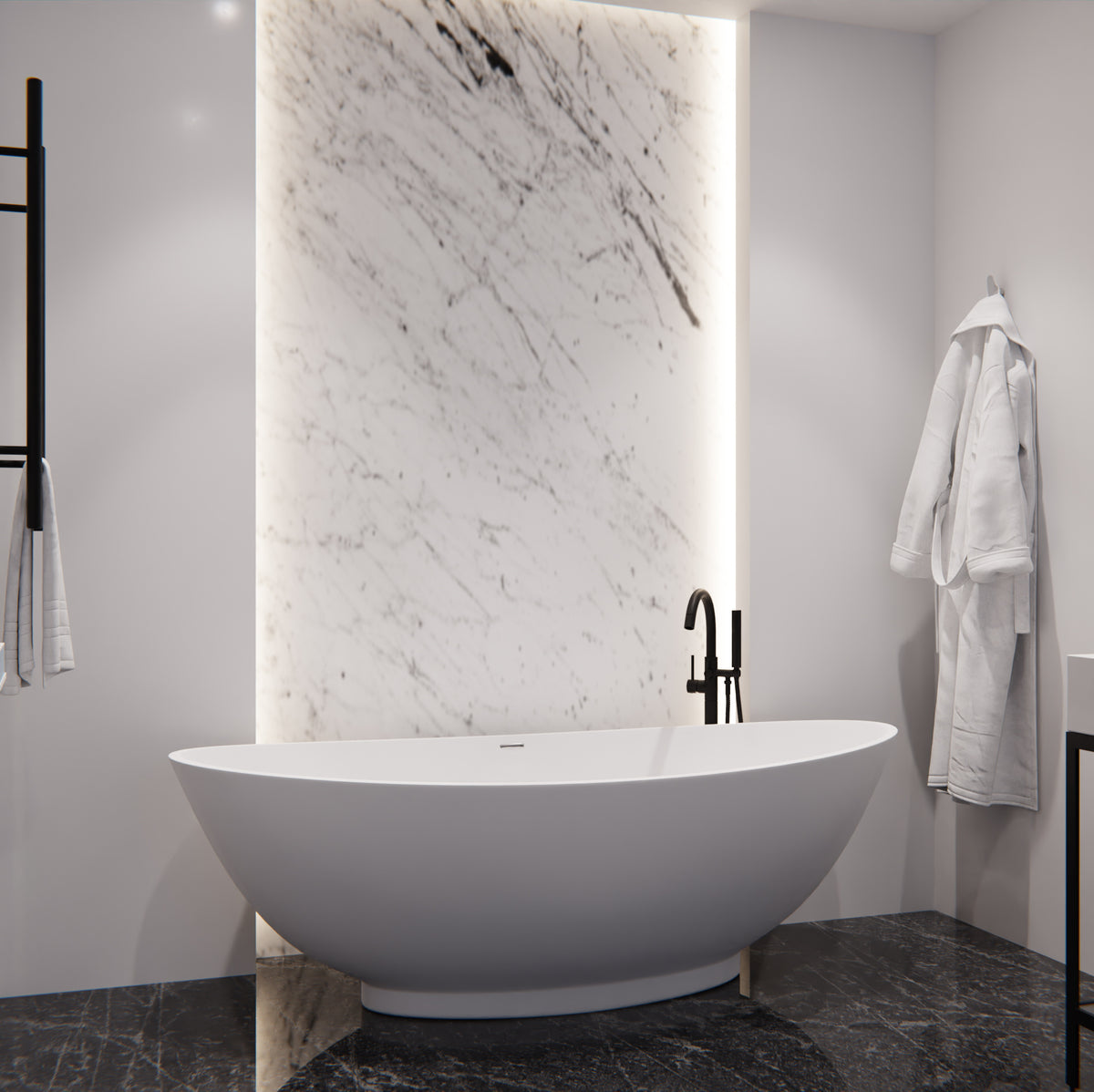 Anzzi Ala 6.2 ft. Solid Surface Center Drain Freestanding Bathtub in Matte White FT-AZ508