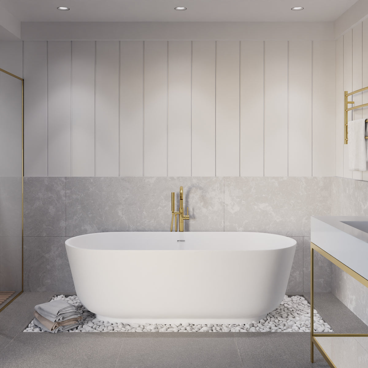 Anzzi Badi 5.9 ft. Solid Surface Center Drain Freestanding Bathtub in Matte White FT-AZ8402