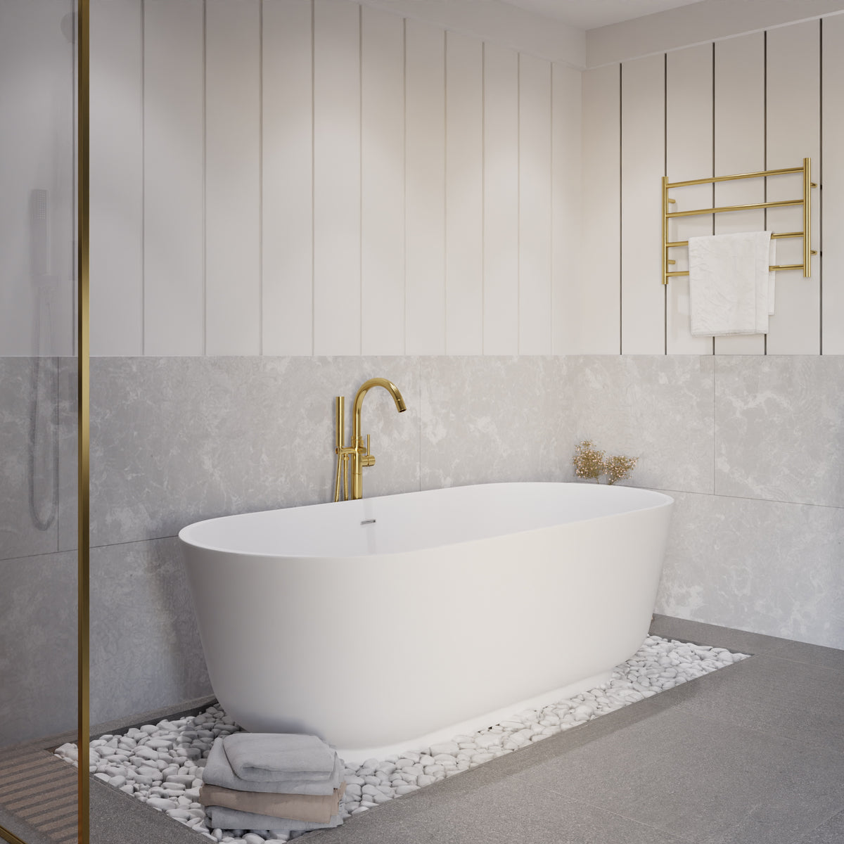 Anzzi Badi 5.9 ft. Solid Surface Center Drain Freestanding Bathtub in Matte White FT-AZ8402