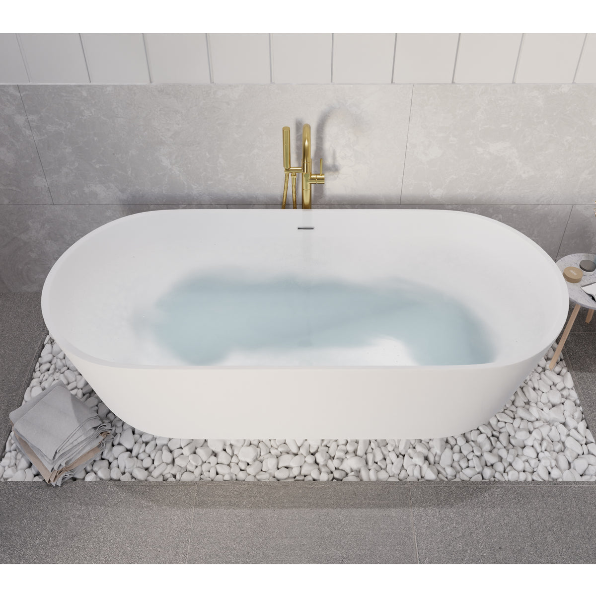 Anzzi Badi 5.9 ft. Solid Surface Center Drain Freestanding Bathtub in Matte White FT-AZ8402