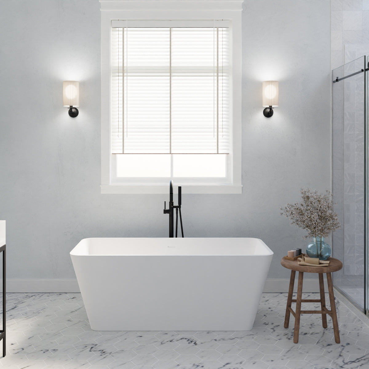 Anzzi Cenere 4.9 ft. Man-Made Stone Center Drain Freestanding Bathtub in Matte White FT-AZ501