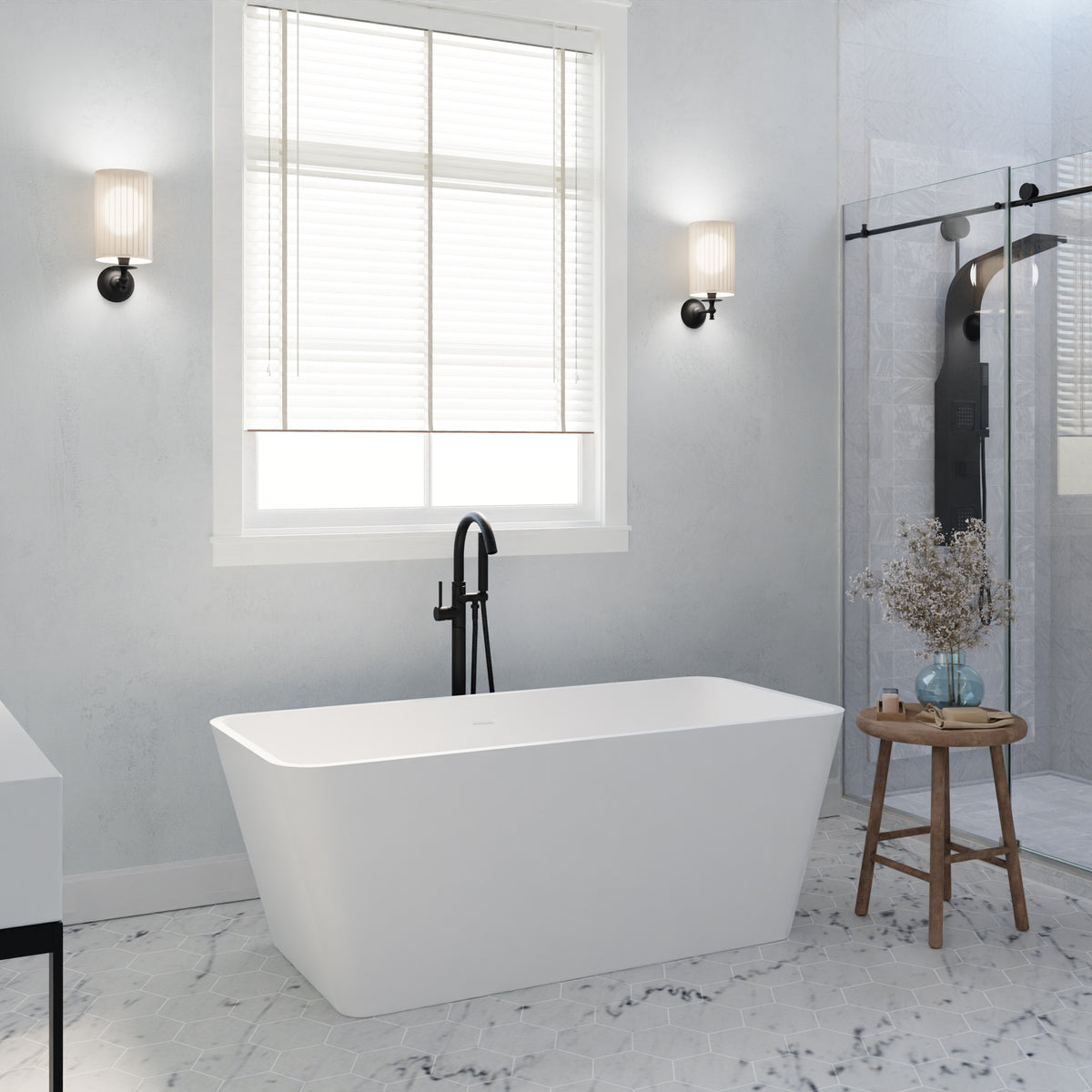 Anzzi Cenere 4.9 ft. Man-Made Stone Center Drain Freestanding Bathtub in Matte White FT-AZ501