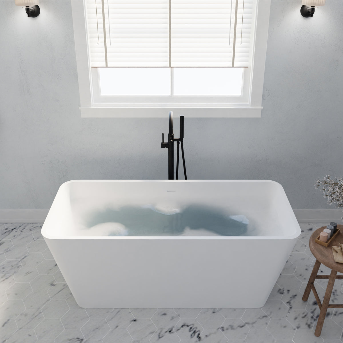Anzzi Cenere 4.9 ft. Man-Made Stone Center Drain Freestanding Bathtub in Matte White FT-AZ501