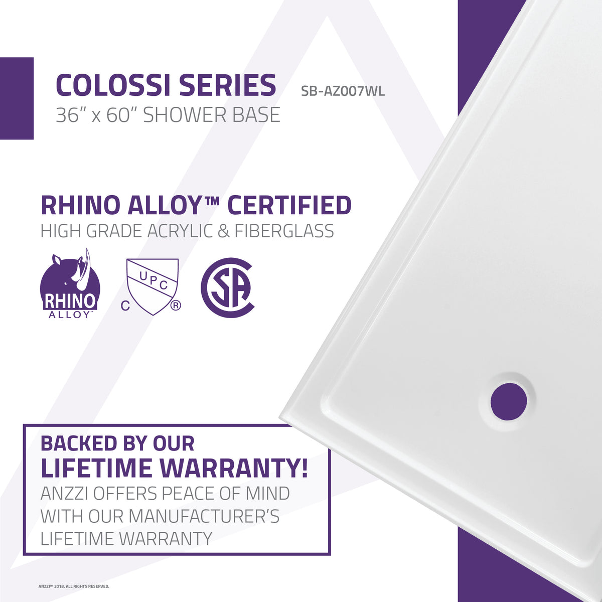 Anzzi Colossi Series 60 in. x 36 in. Shower Base in White SB-AZ007WL