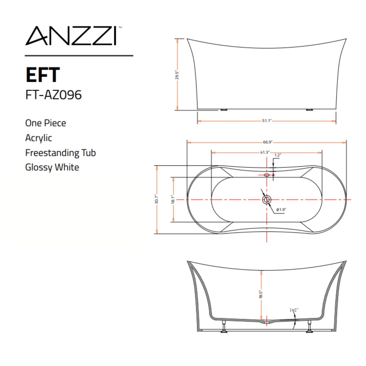 Anzzi Eft 67 in. Acrylic Flatbottom Non-Whirlpool Bathtub in White with Faucet in Brushed Nickel FTAZ096