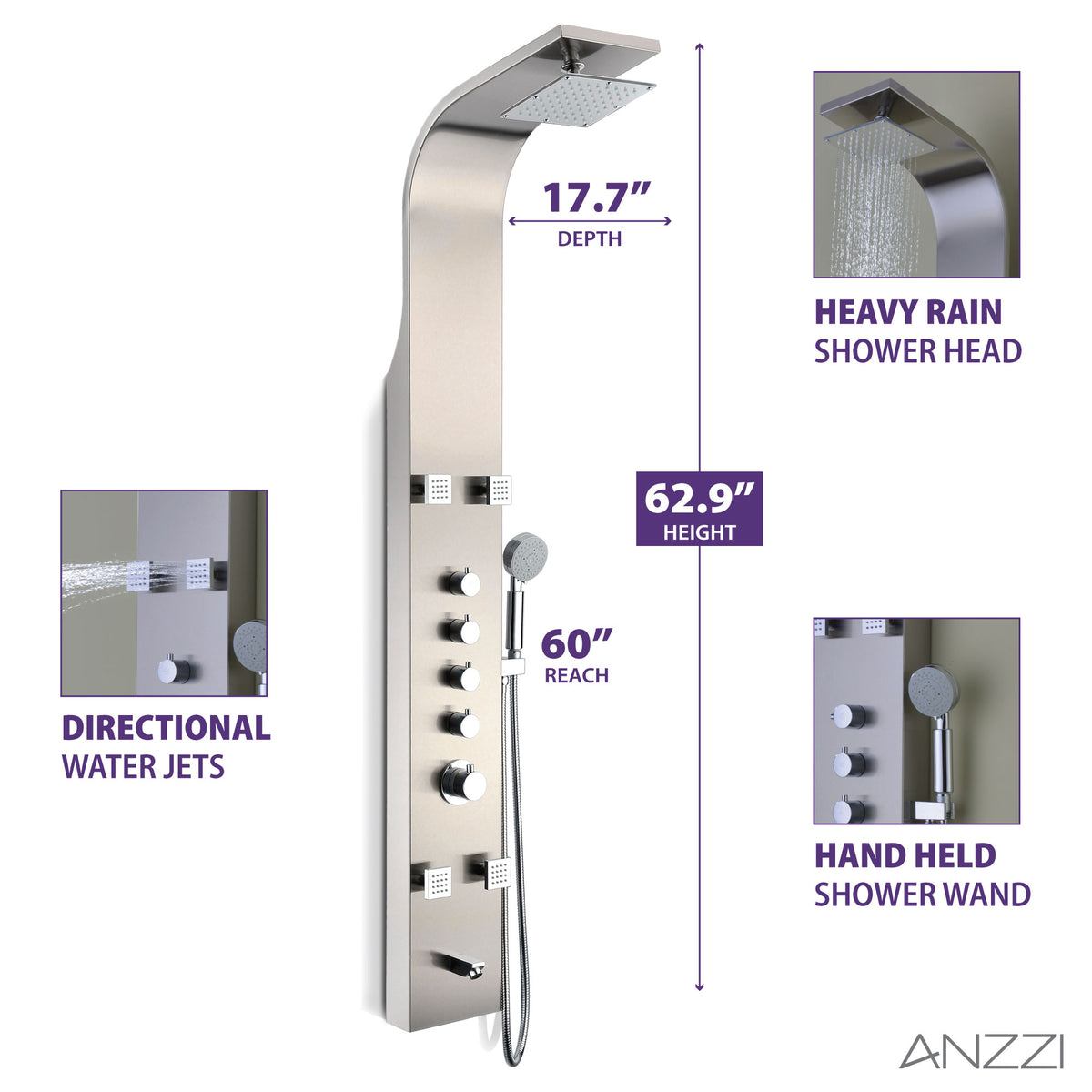 Anzzi Echo 63.5 in. 4-Jetted Full Body Shower Panel with Heavy Rain Showerhead, Spray Wand and Tub Spout in Brushed Steel SP-AZ022