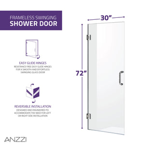 Anzzi Fellow Series 30 in. by 72 in. Frameless Hinged Shower Door with Handle SD-AZ09-02