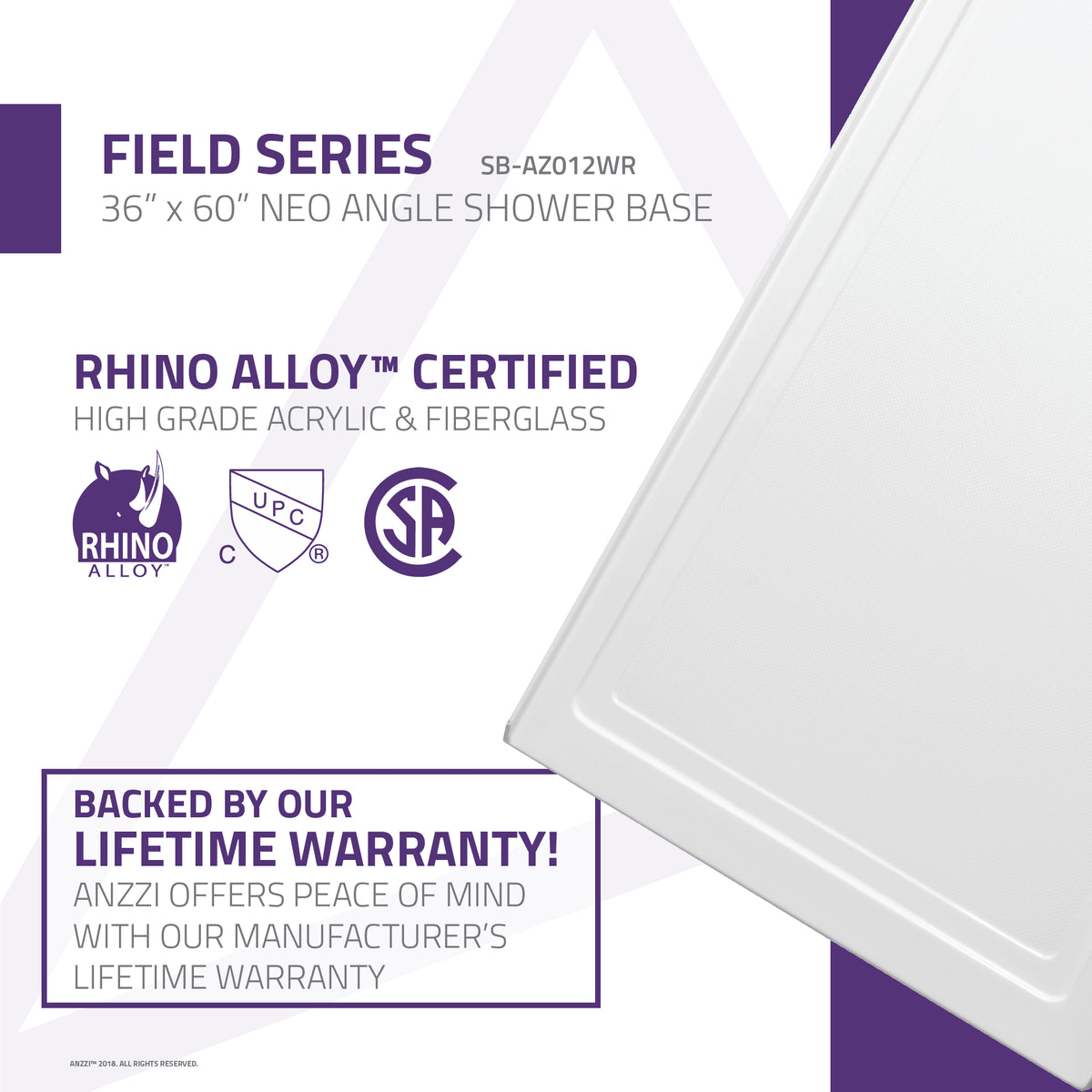 Anzzi Field Series 36 in. x 60 in. Double Threshold Shower Base in White SB-AZ012WL