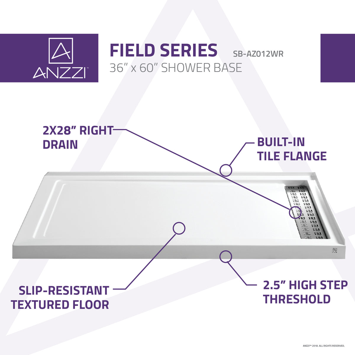 Anzzi Field Series 60 in. x 36 in. Shower Base in White SB-AZ012WR