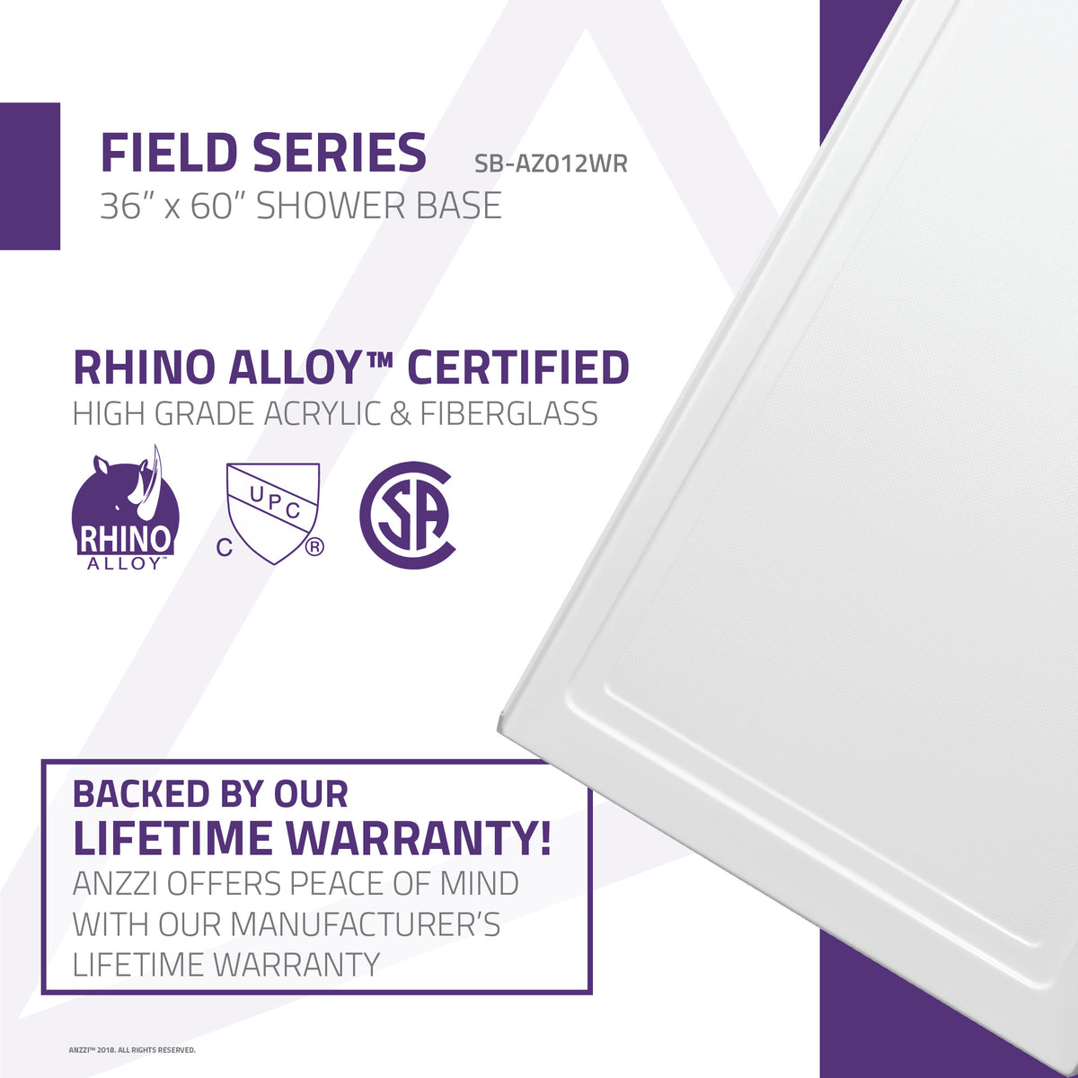 Anzzi Field Series 60 in. x 36 in. Shower Base in White SB-AZ012WR