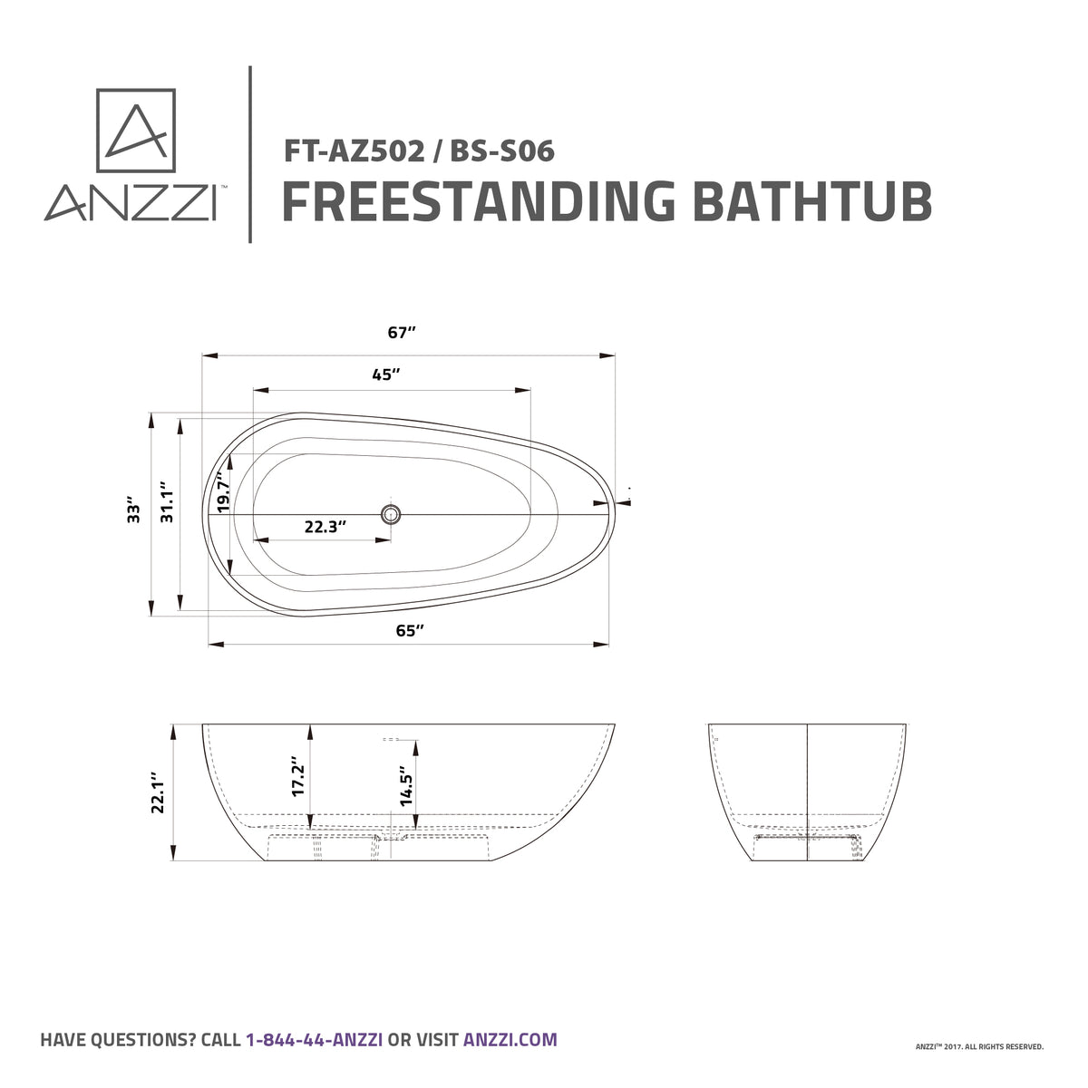 Anzzi Fiume 5.6 ft. Man-MaSde tone Center Drain Freestanding Bathtub in Matte White FT-AZ502