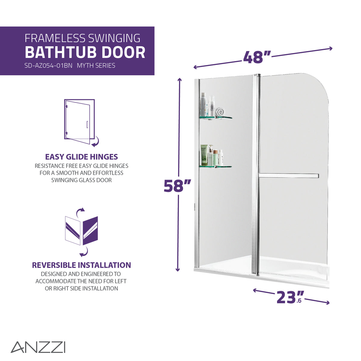 Anzzi Galleon 48 in. x 58 in. Frameless Tub Door with TSUNAMI GUARD SD-AZ054-01