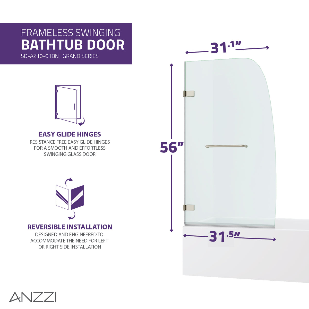 Anzzi Grand Series 31.5 in. by 56 in. Frameless Hinged Tub Door SD-AZ10-01