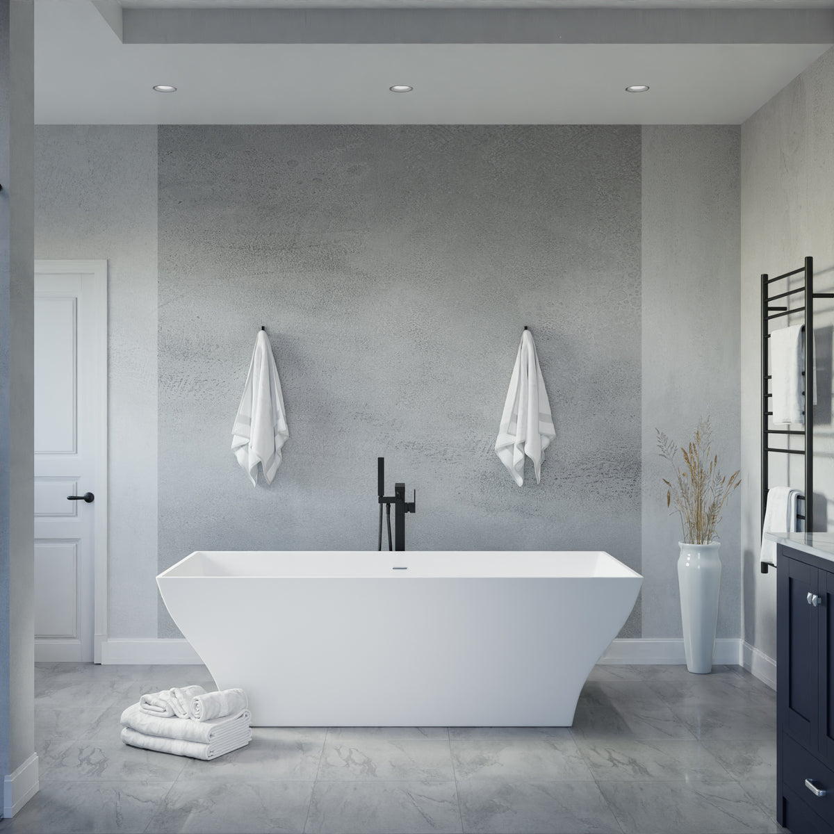 Anzzi Kayenge 5.9 ft. Solid Surface Center Drain Freestanding Bathtub in Matte White FT-AZ8419