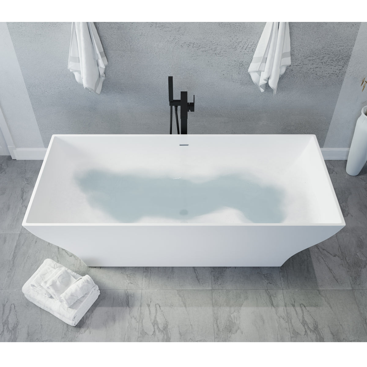 Anzzi Kayenge 5.9 ft. Solid Surface Center Drain Freestanding Bathtub in Matte White FT-AZ8419
