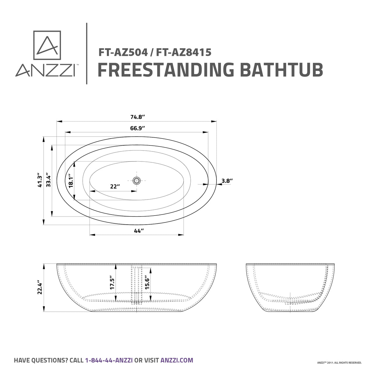 Anzzi Kekehun 6.3 ft. Solid Surface Center Drain Freestanding Bathtub in Matte White FT-AZ8415