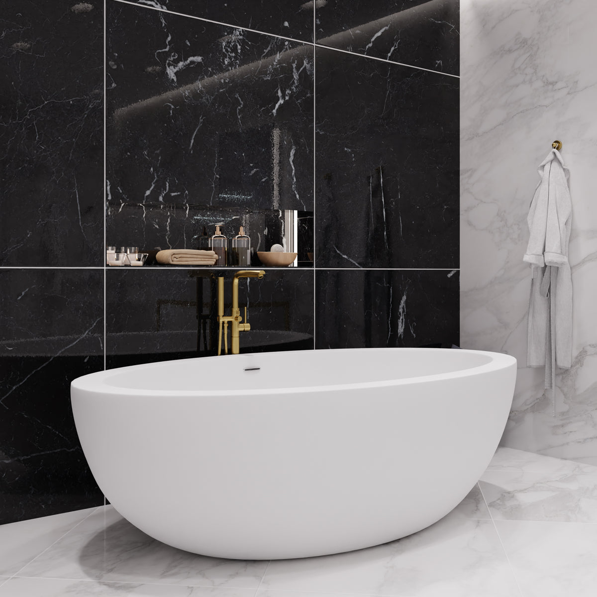 Anzzi Kekehun 6.3 ft. Solid Surface Center Drain Freestanding Bathtub in Matte White FT-AZ8415