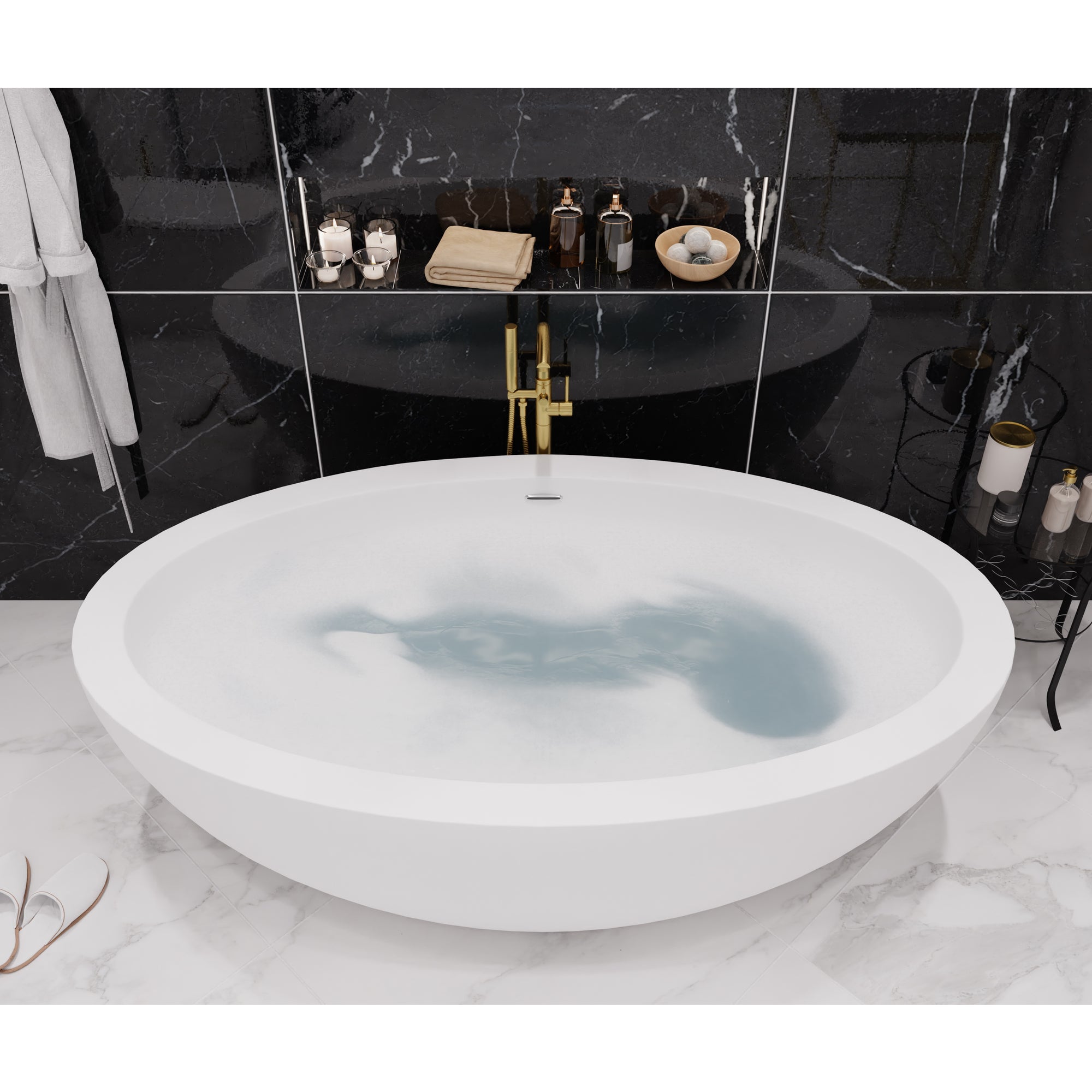 Anzzi Kekehun 6.3 ft. Solid Surface Center Drain Freestanding Bathtub in Matte White FT-AZ8415