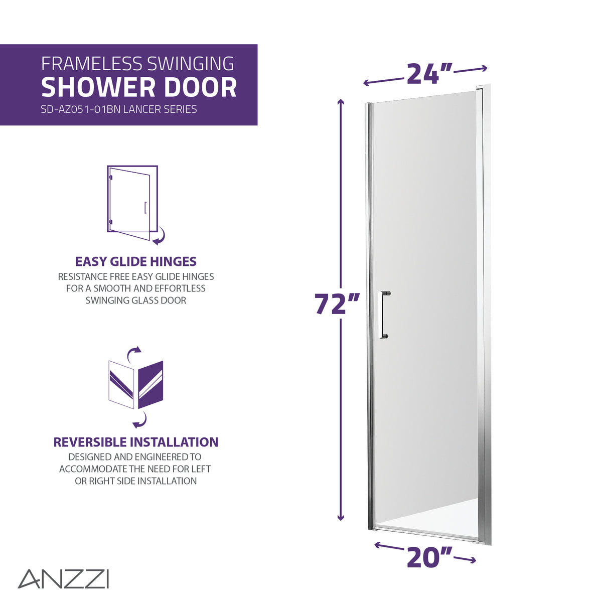 Anzzi Lancer 23 in. x 72 in. Semi-Frameless Shower Door with TSUNAMI GUARD SD-AZ051-01