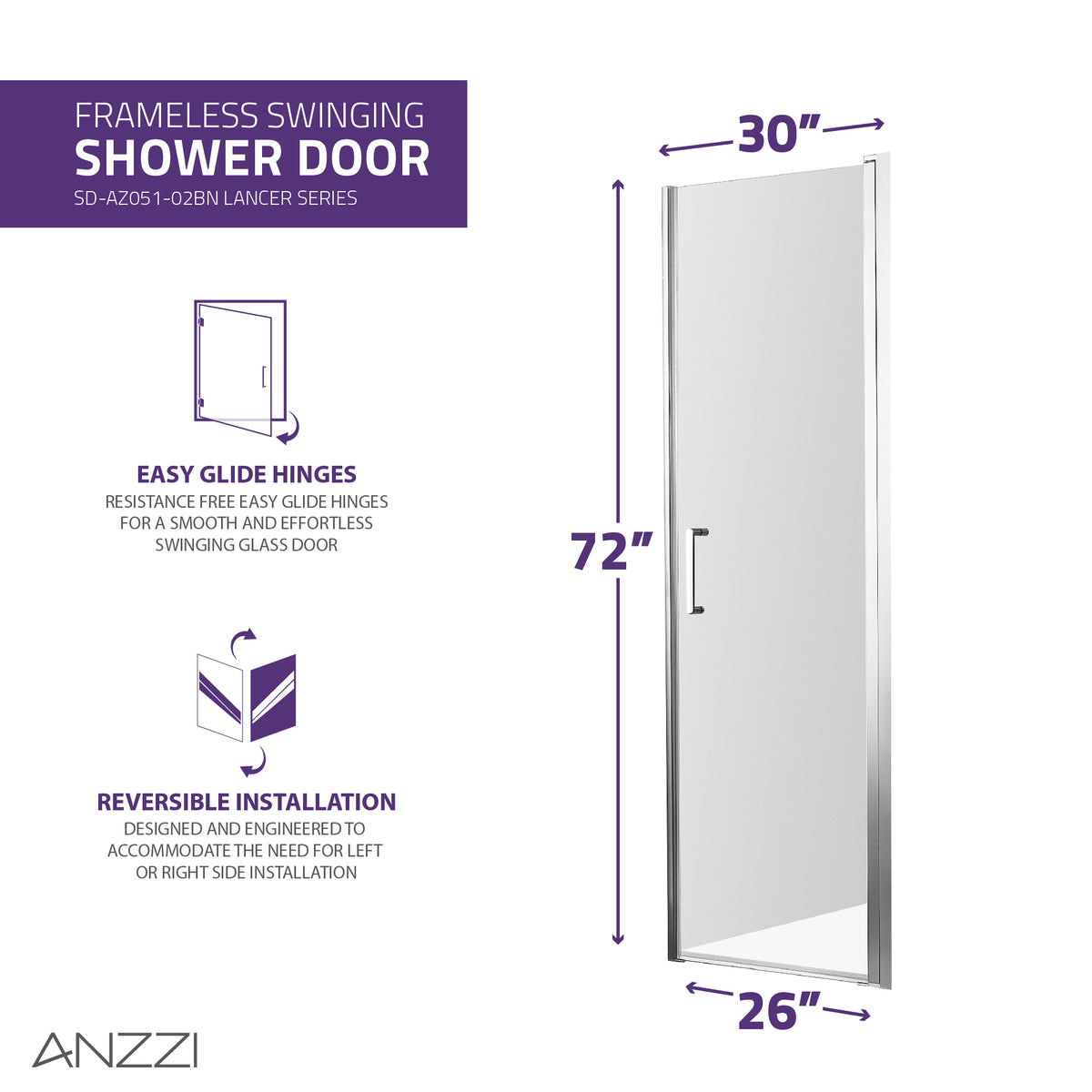 Anzzi Lancer 29 in. x 72 in. Semi-Frameless Shower Door with TSUNAMI GUARD SD-AZ051-02