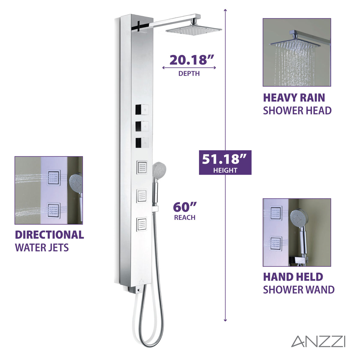 Anzzi Lann 53 in. 3-Jetted Full Body Shower Panel with Heavy Rain Showerhead and Spray Wand in Chrome SP-AZ015