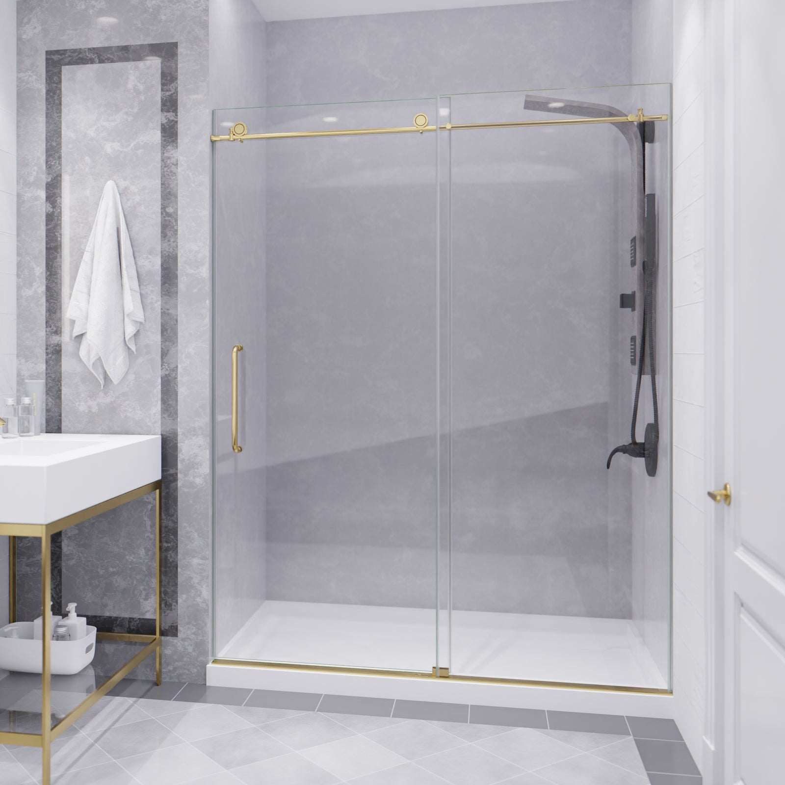 Anzzi Leon Series 60 in. by 76 in. Frameless Sliding Shower Door with Handle SD-AZ8077-02