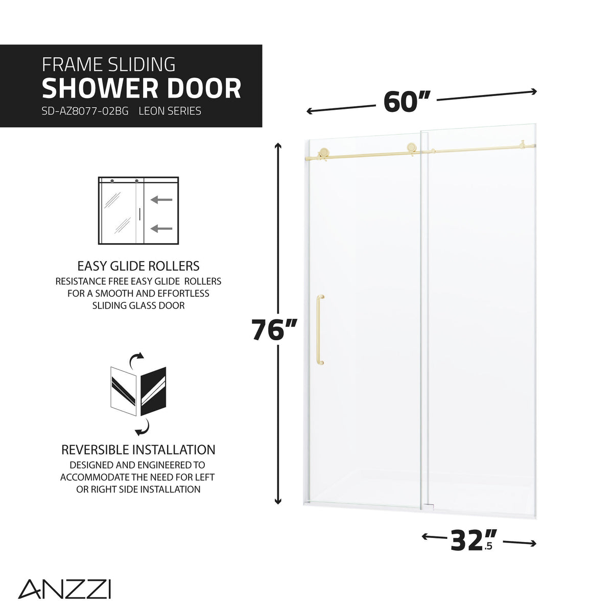 Anzzi Leon Series 60 in. by 76 in. Frameless Sliding Shower Door with Handle SD-AZ8077-02