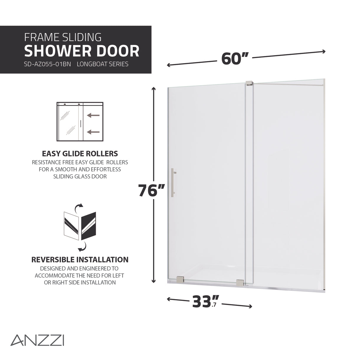 Anzzi Longboat Series 60 in. x 76 in. Semi-Frameless Shower Door with TSUNAMI GUARD SD-AZ055-01