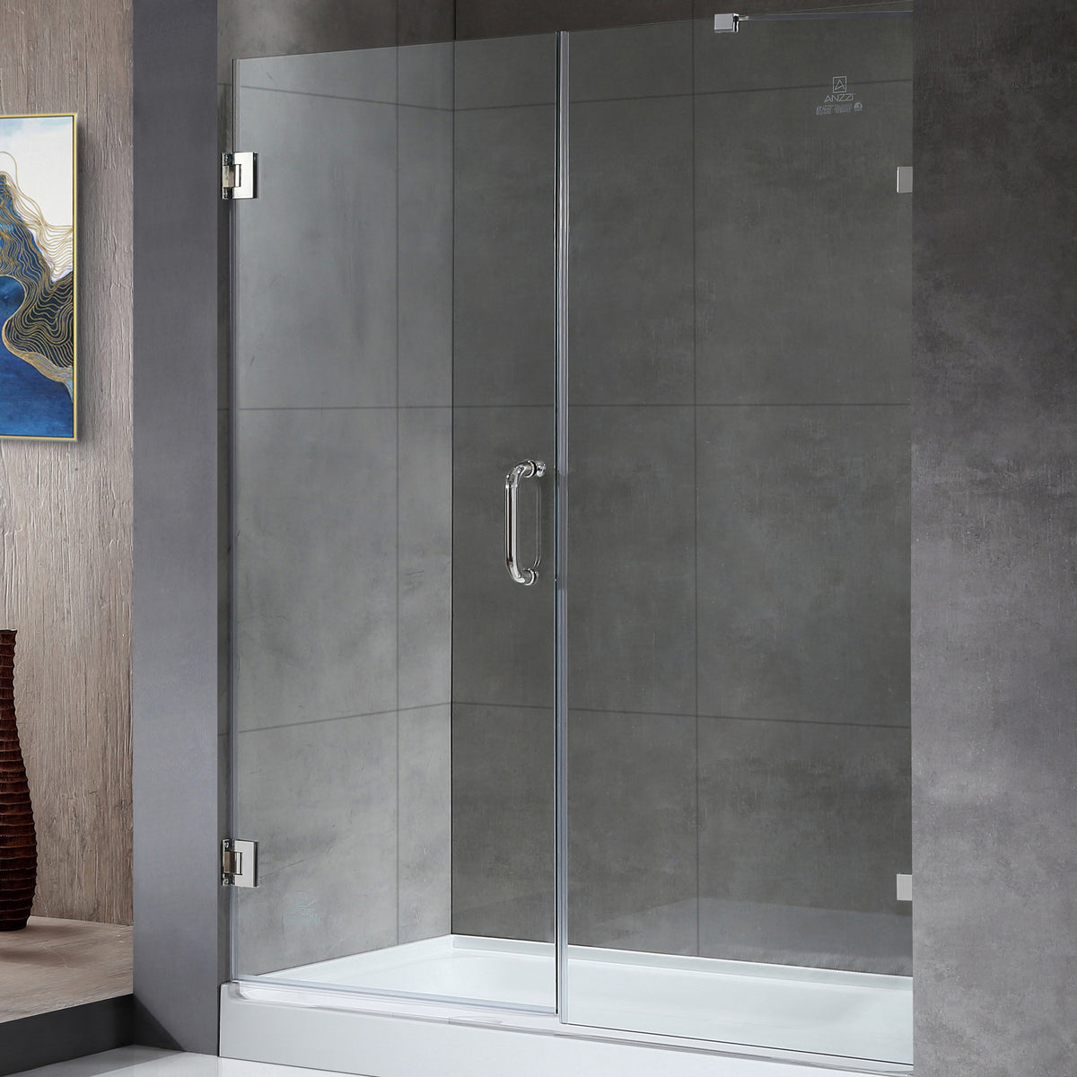 Anzzi Makata Series 60 in. by 72 in. Frameless Hinged Alcove Shower Door with Handle SD-AZ8073-01