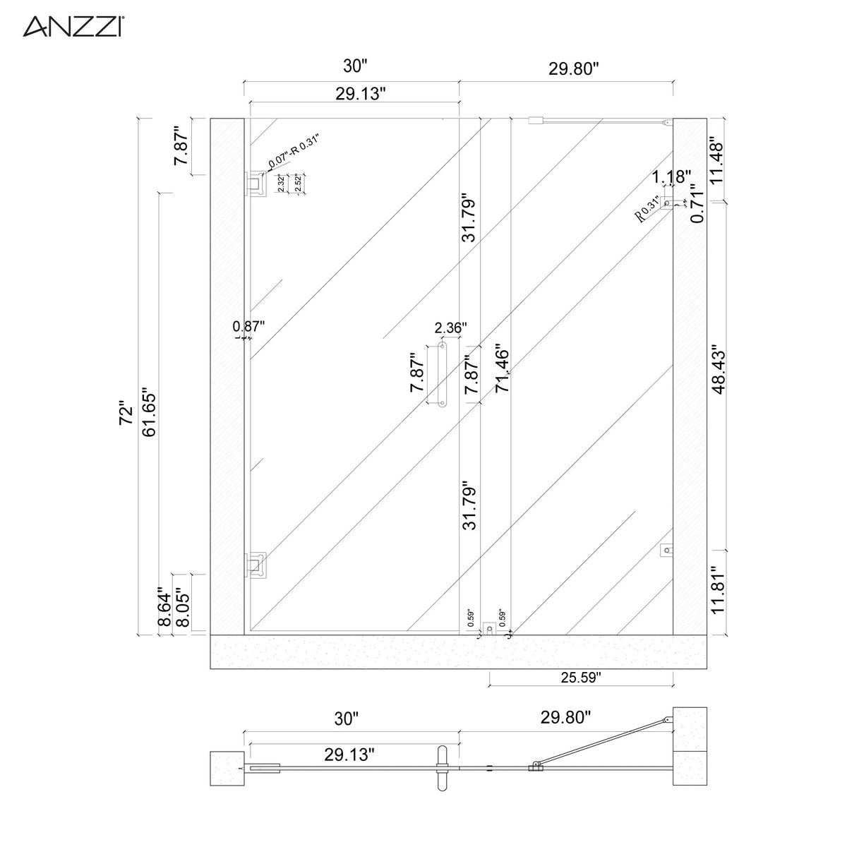 Anzzi Makata Series 60 in. by 72 in. Frameless Hinged Alcove Shower Door with Handle SD-AZ8073-01