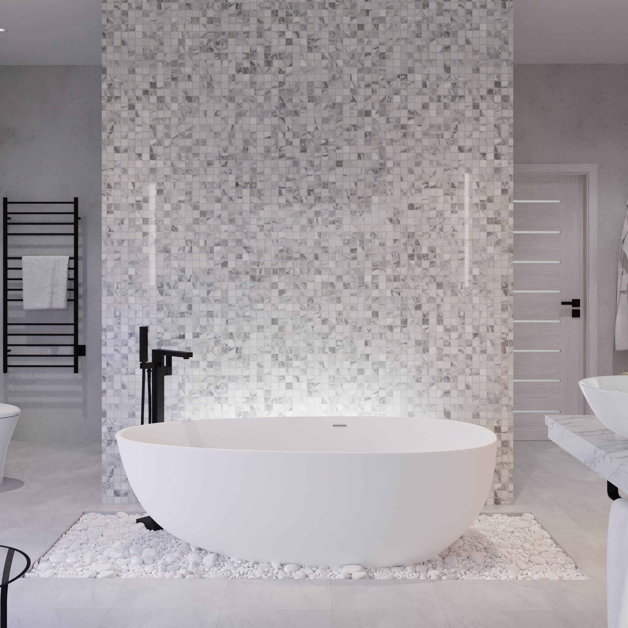 Anzzi Makot 5.6 ft. Man-Made Stone Center Drain Freestanding Bathtub in Matte White BS-S06