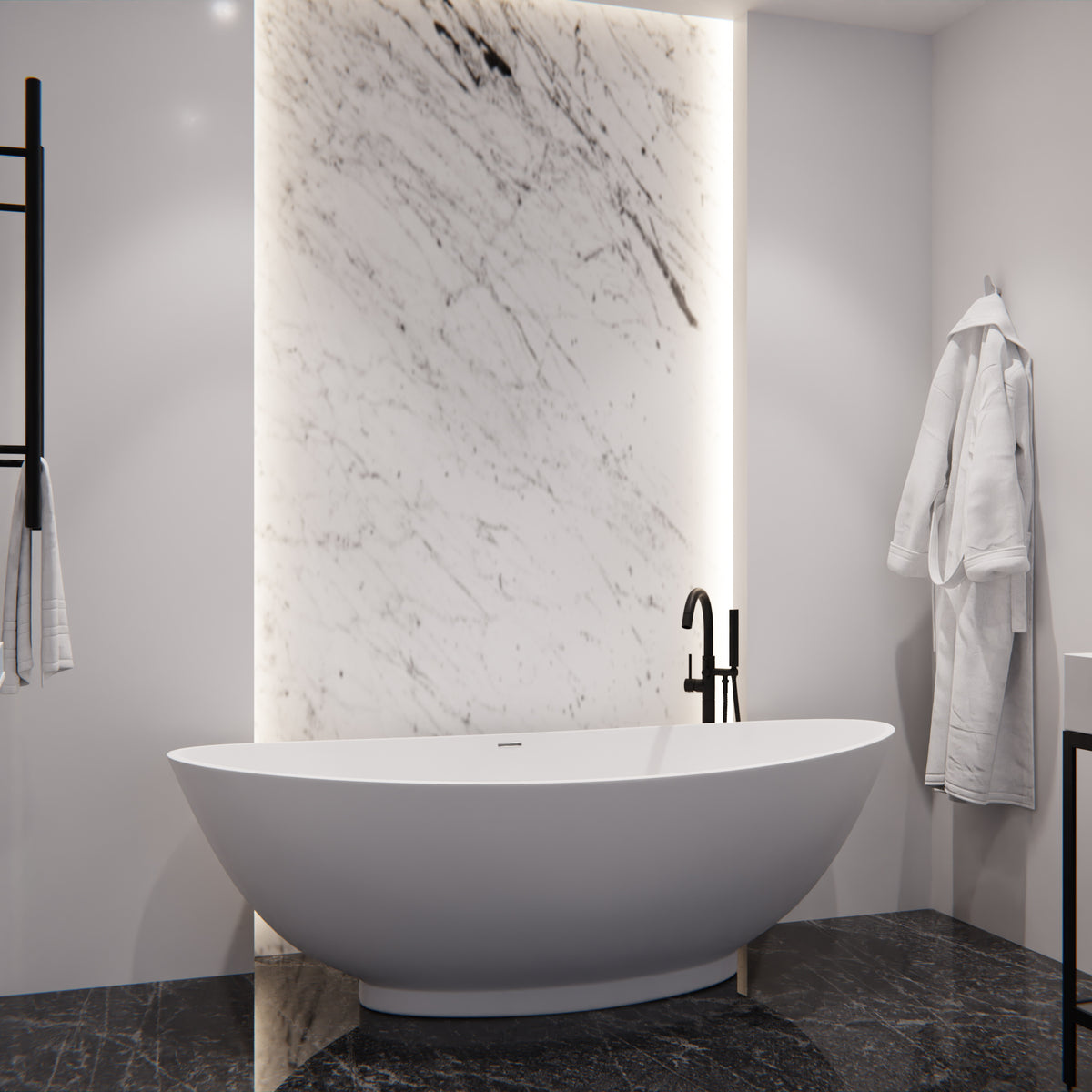 Anzzi Masoko 6.2 ft. Solid Surface Center Drain Freestanding Bathtub in Matte White FT-AZ8420