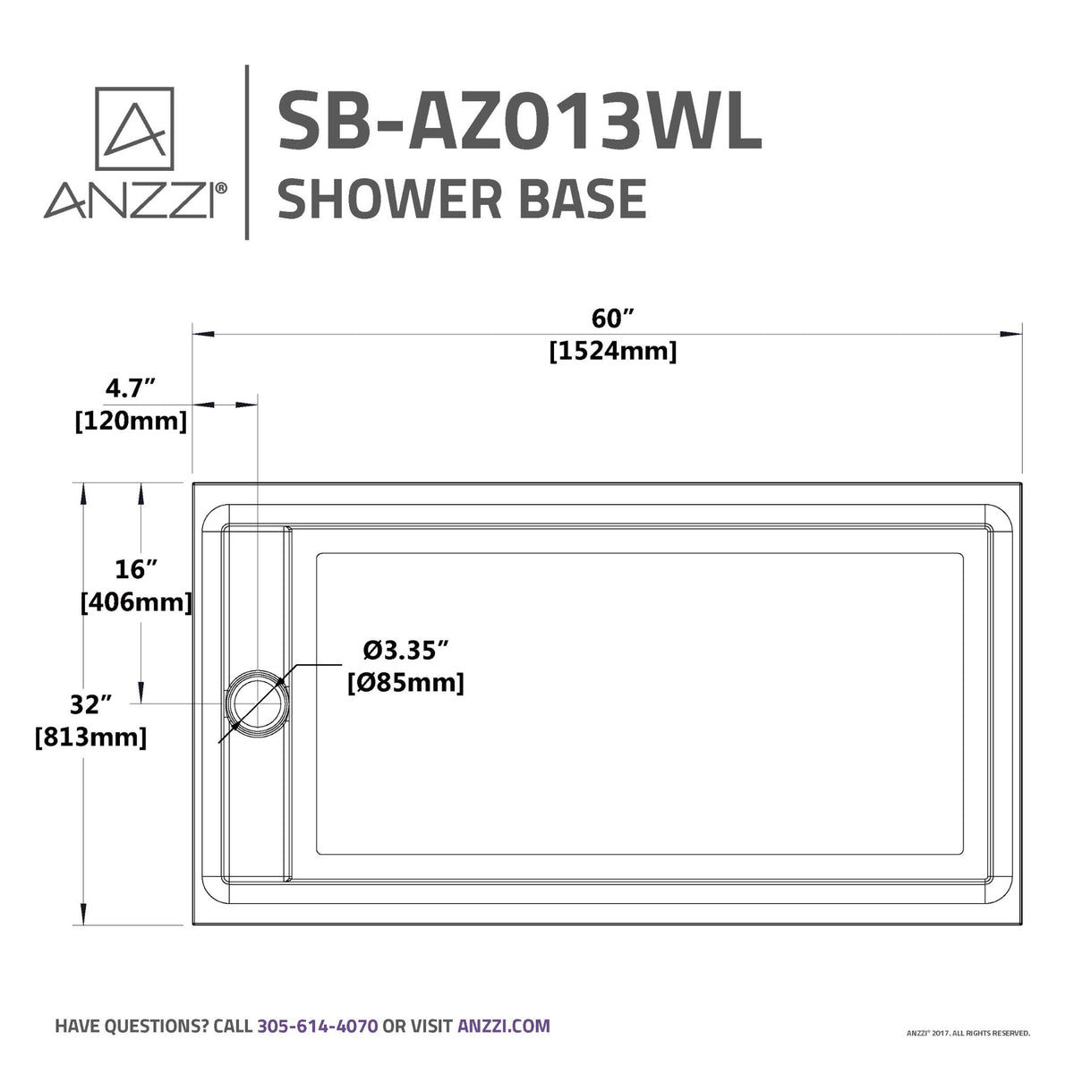 Anzzi Meadow Series 60 in. x 32 in. Shower Base in White SB-AZ013WL