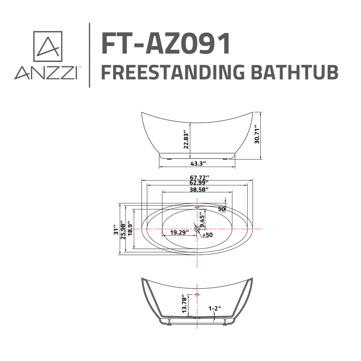 Anzzi Reginald Series 5.67 ft. Freestanding Bathtub in White FT-AZ091