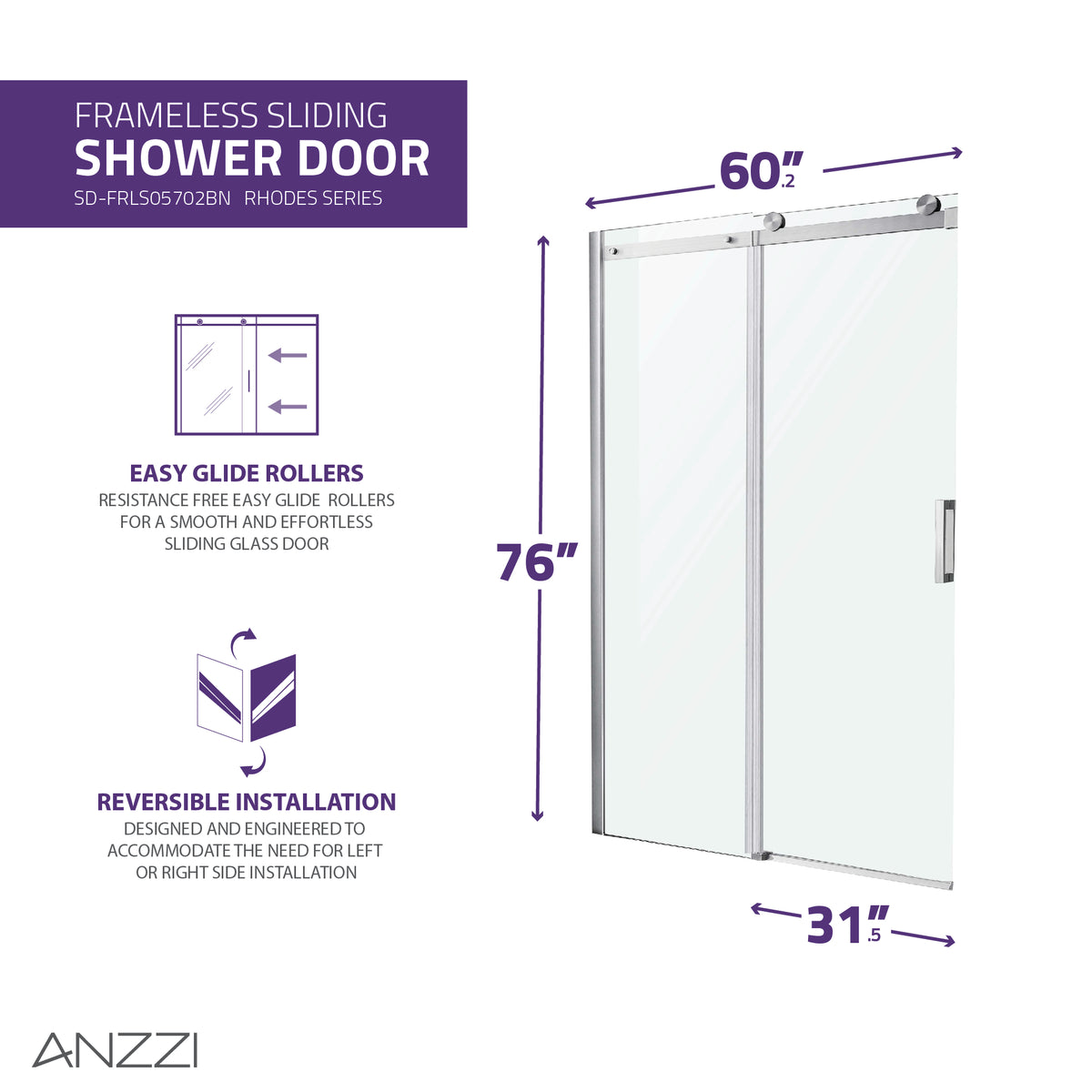 Anzzi Rhodes Series 60 in. x 76 in. Frameless Sliding Shower Door with Handle  SD-FRLS05702
