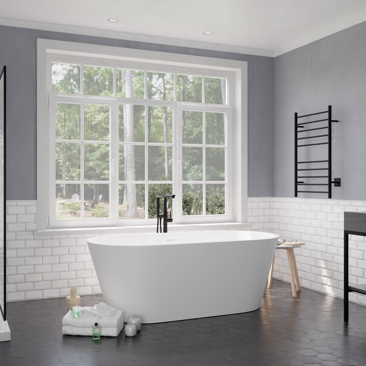 Anzzi Roccia 5.1 ft. Solid Surface Center Drain Freestanding Bathtub in Matte White FT-AZ505