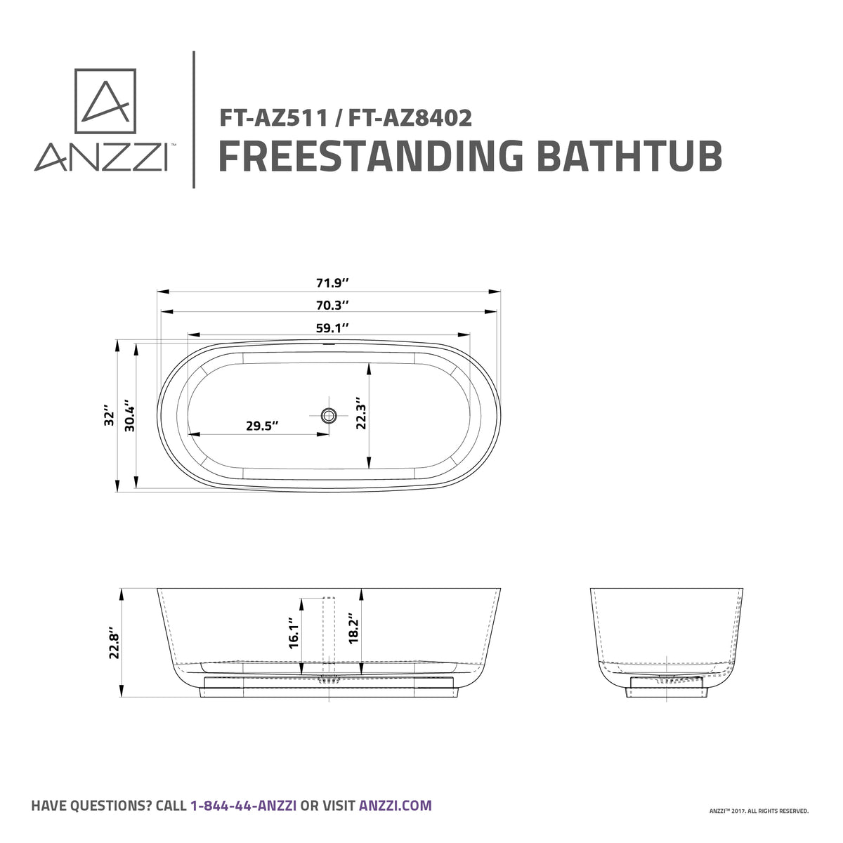 Anzzi Sabbia 5.9 ft. Solid Surface Center Drain Freestanding Bathtub in Matte White FT-AZ511