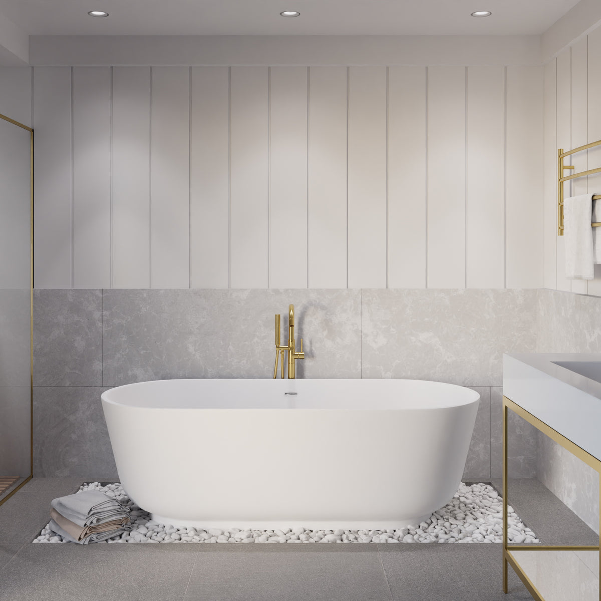 Anzzi Sabbia 5.9 ft. Solid Surface Center Drain Freestanding Bathtub in Matte White FT-AZ511