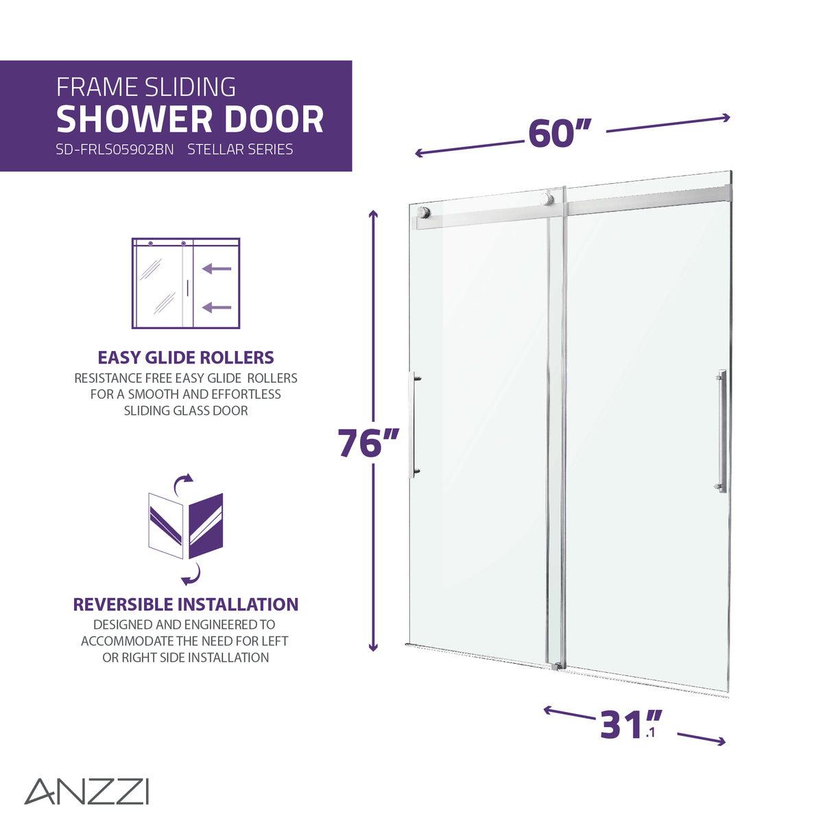Anzzi Stellar Series 60 in. x 76 in. Frameless Sliding Shower Door with Handle SD-FRLS05902