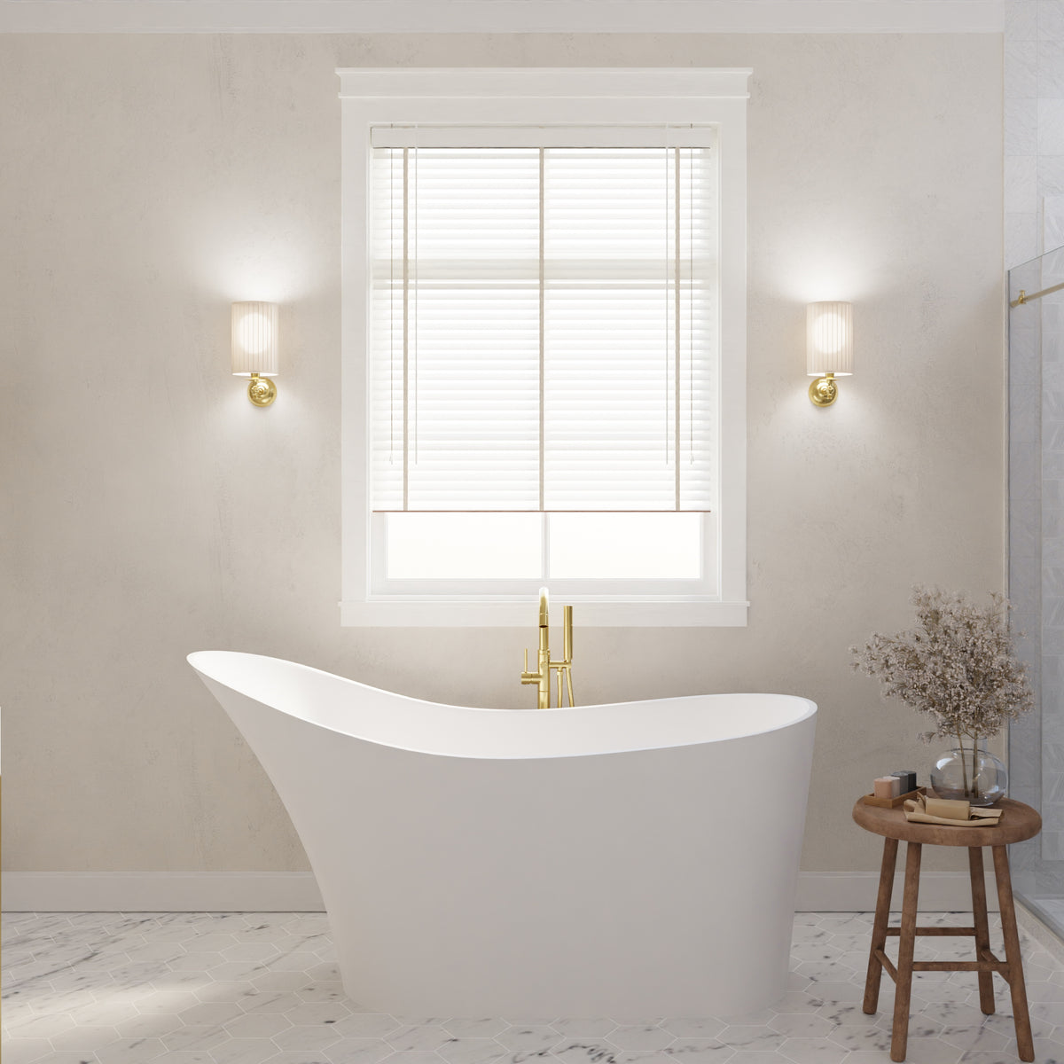 Anzzi Tuasavi 5.6 ft. Solid Surface Center Drain Freestanding Bathtub in Matte White FT-AZ8418