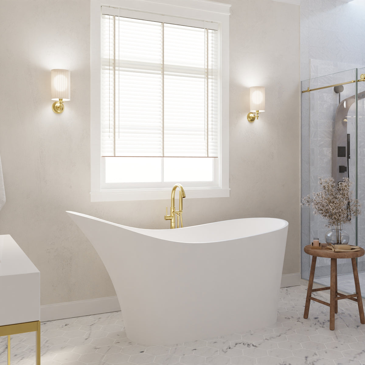 Anzzi Tuasavi 5.6 ft. Solid Surface Center Drain Freestanding Bathtub in Matte White FT-AZ8418