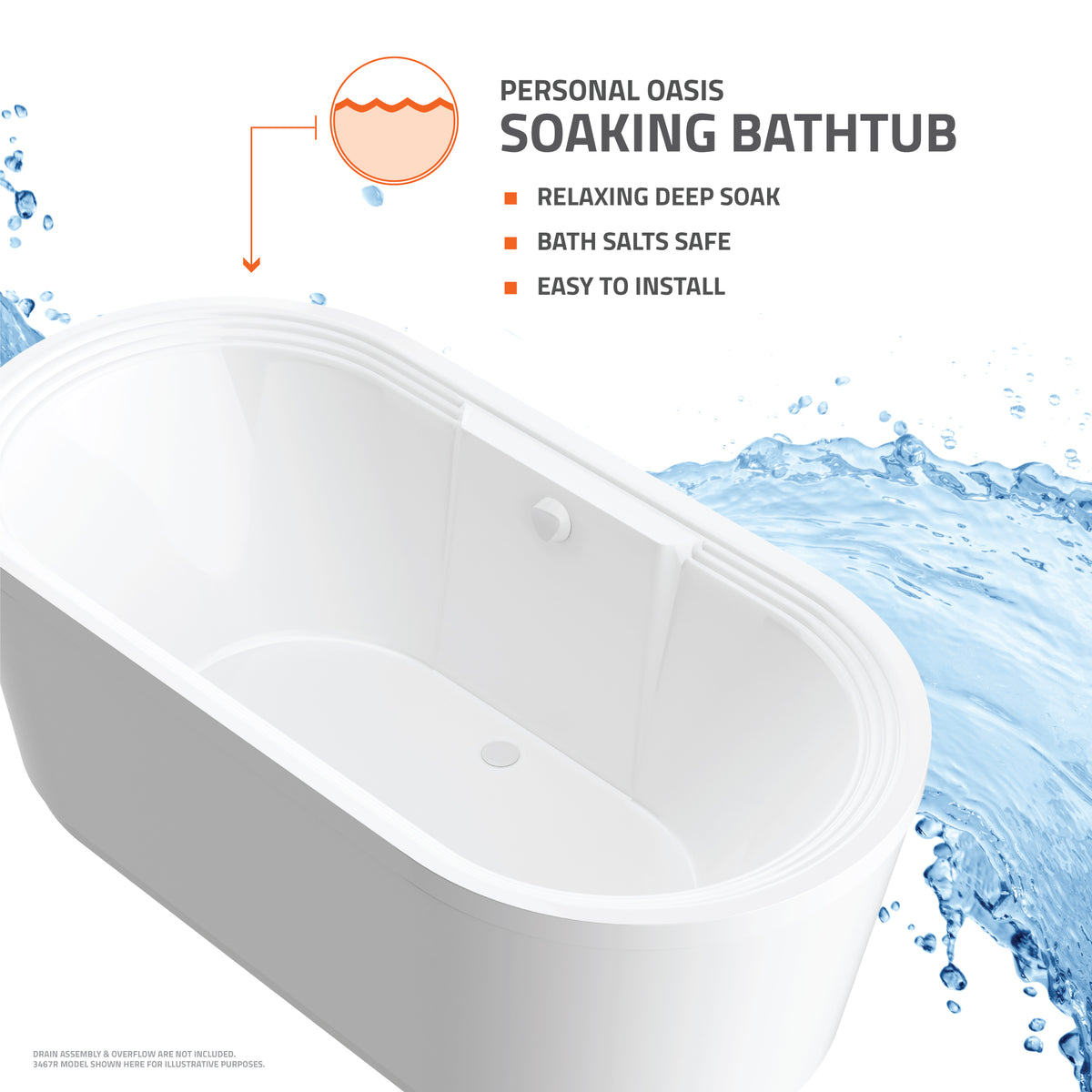 Atlantis Whirlpools Gulf 32 x 71 Freestanding One Piece Soaker Tub with Center Drain 3271G