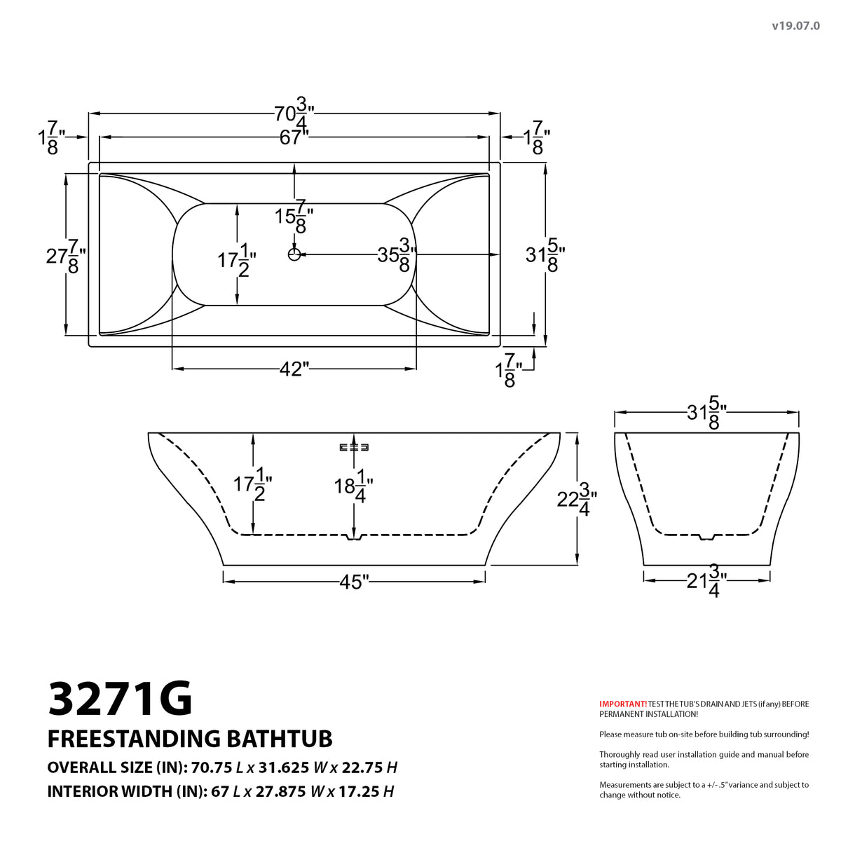 Atlantis Whirlpools Gulf 32 x 71 Freestanding One Piece Soaker Tub with Center Drain 3271G